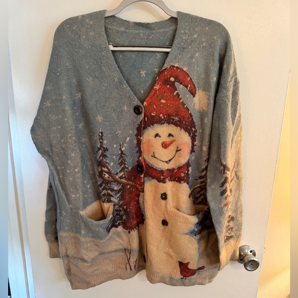 Source Unknown Snowman Cardigan - Gray and Red - Picture 1 of 6
